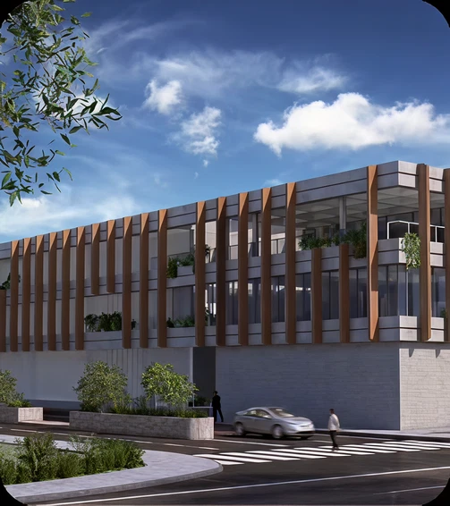 A render of three white cylindrical columns, against a warm creme background